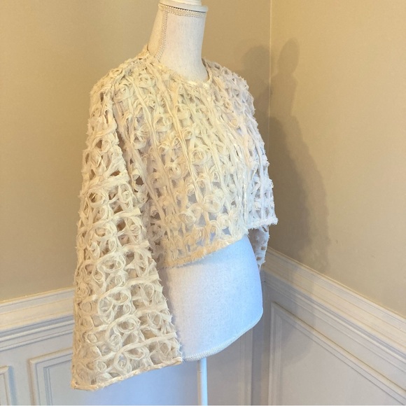 ZARA Cream Open Knit Chiffon Rosette Rose Floral Cropped Jacket Bolero NWT - Picture 2 of 11